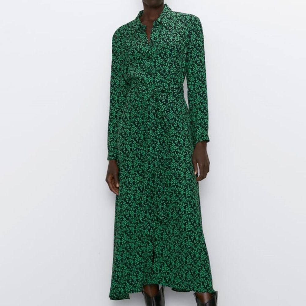 Zara Green + Black Leaf Print Shirt Dress